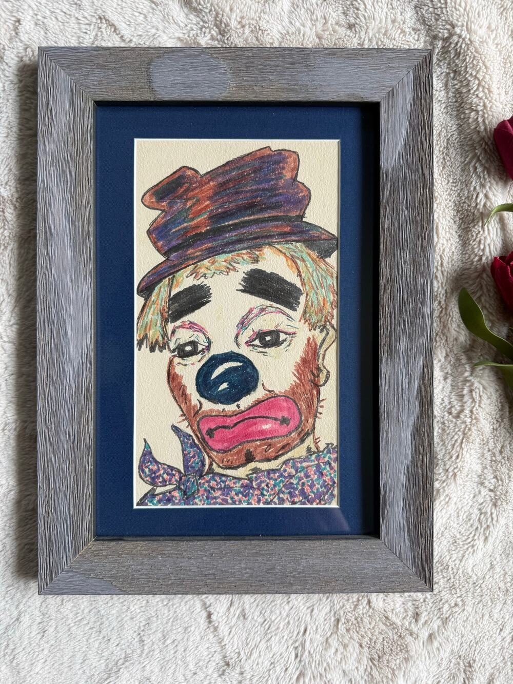 Vintage Sad Hobo Clown Pencil drawing Framed Print